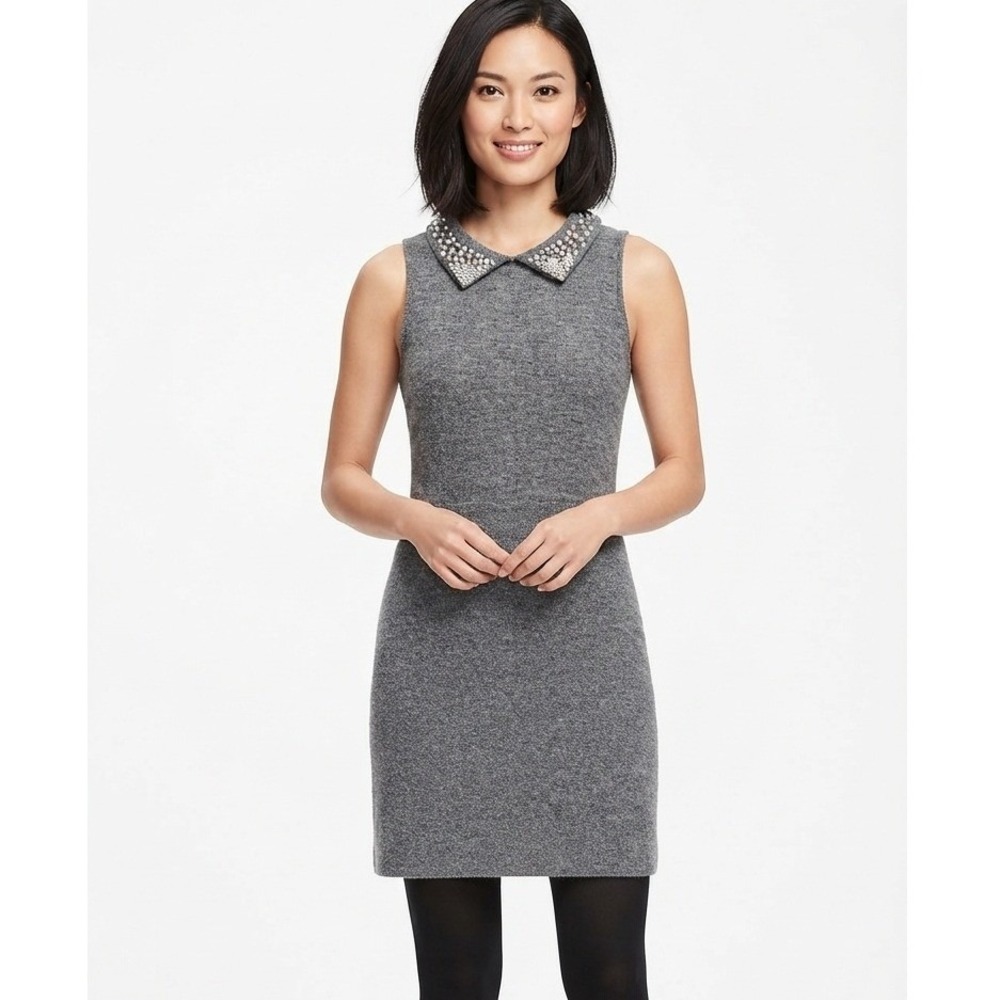 LOFT Sweater Dress Gray Pearl Embellished Peter Pan Collar Wool Blend - Small